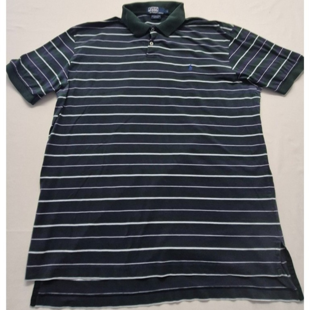 Polo Ralph Lauren Green/Blue striped Polo Shirt LG Pima Cotton short sleeves